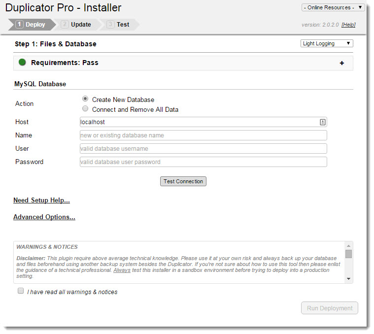 Running the Duplicator Pro installer to install the WordPress site at the new location.