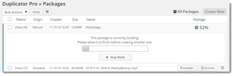 Bundling your site into a package using the Duplicator Pro plugin.
