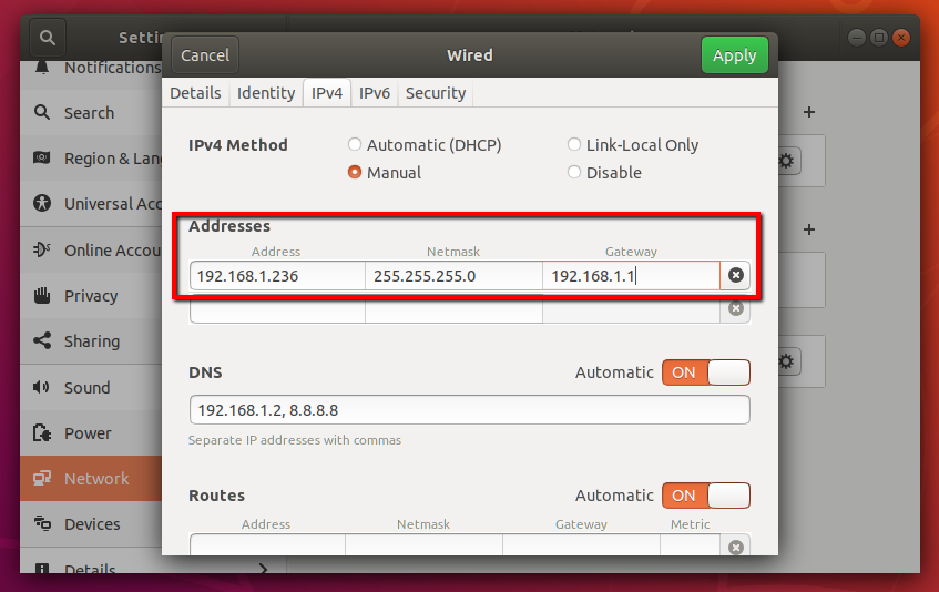 Ubuntu set IP address