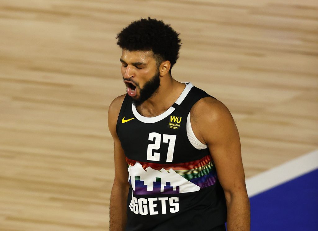 Nuggets' Jamal Murray reacts after scoring against Jazz in NBA Playoff game