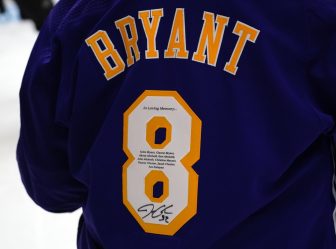 Feb 23, 2020; Los Angeles, California, USA; Detailed view of the back of Los Angeles Lakers jersey worn by Los Angeles Kings goalkeeper Los Angeles Kings goaltender Jonathan Quick (32) with the numeral 8 and the words "In the Loving Memory of Kobe Bryant, Gianna Bryant, Alyssa Altobelli, Keri Altobelli, John Altobelli, Christina Mauser, Payton Chester, Sarah Chester and Ara Zobyan" before the NHL game against the Edmonton Oilers  at Staples Center. Mandatory Credit: Kirby Lee-USA TODAY Sports