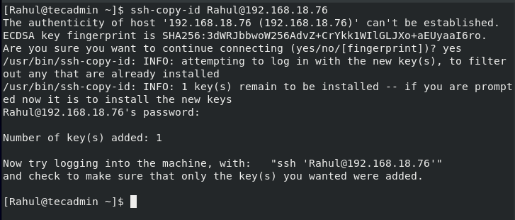 Successfuly copied public key to remote host