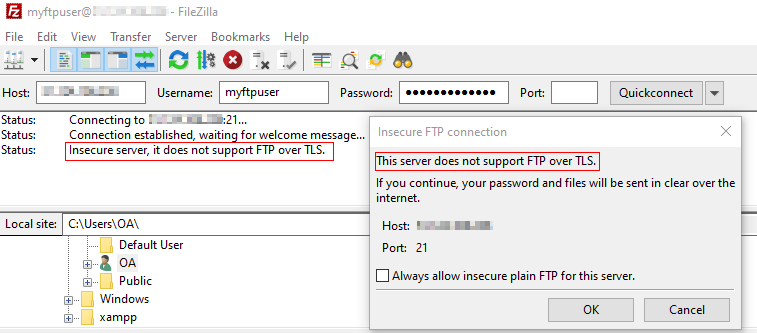 Insecure FTP server notification