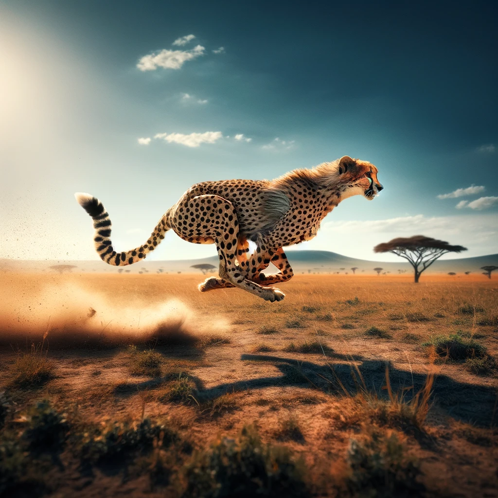 DALLC2B7E 2023 12 02 21.58.44 A dynamic image of a cheetah running at full speed across the African savannah. The scene captures the cheetah in motion with its body fully extended 1024x1024 1